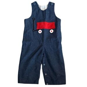 Kids Denim Overalls with Red Wagon Design